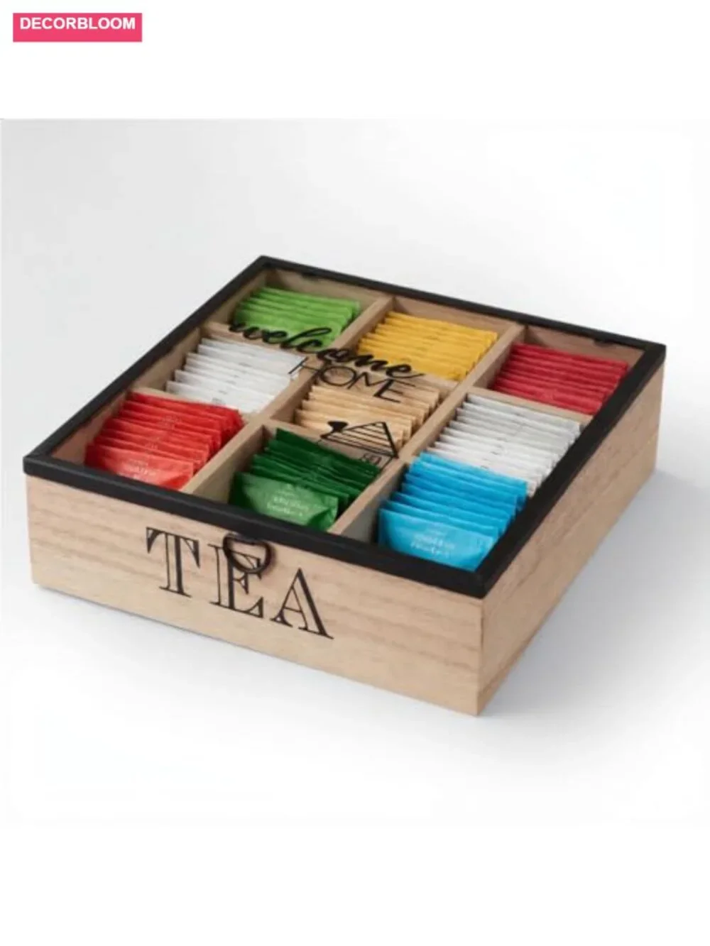Wood Tea Box Organizer with 9 Compartments & Clear Acrylic Top Window